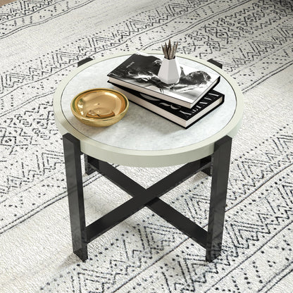 Round Small Garden Table with Faux Marble Glass Top, Light Grey