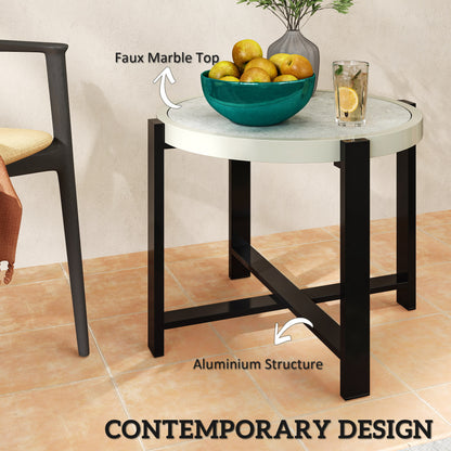 Round Small Garden Table with Faux Marble Glass Top, Light Grey