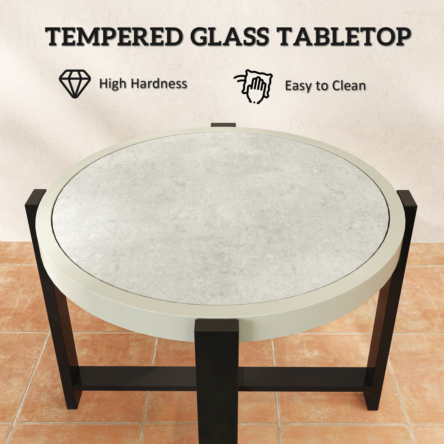 Round Small Garden Table with Faux Marble Glass Top, Light Grey