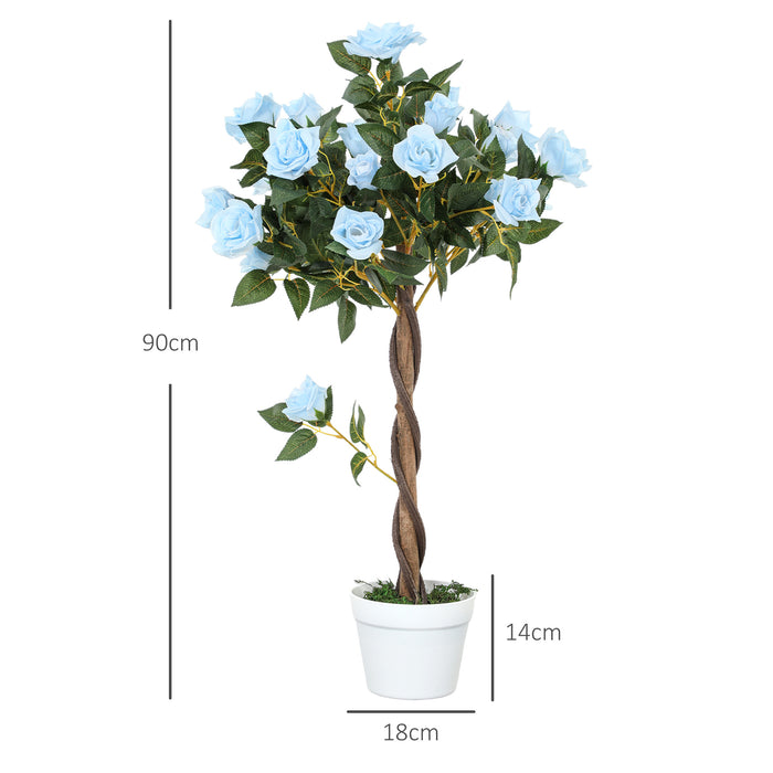 Set of 2 90cm Artificial Rose Tree, Fake Decorative Plant, Blue