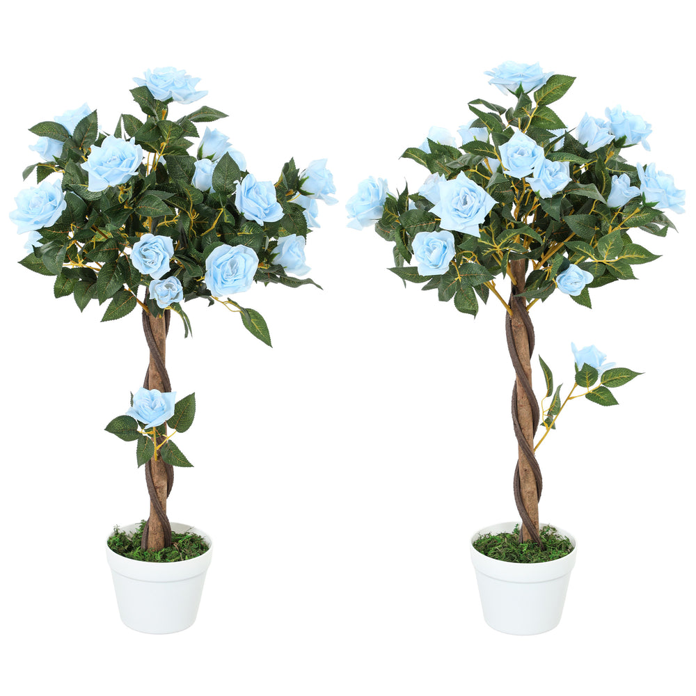 Set of 2 90cm Artificial Rose Tree, Fake Decorative Plant, Blue