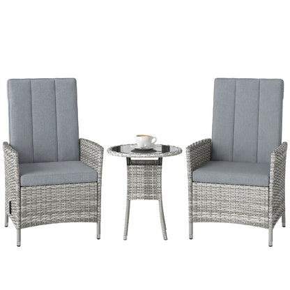 Rattan Bistro Set, Reclining Garden Chairs and Table, Light Grey