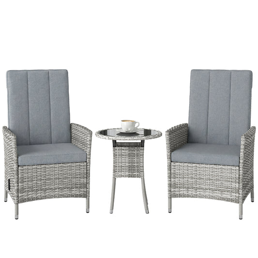 Rattan Bistro Set, Reclining Garden Chairs and Table, Light Grey