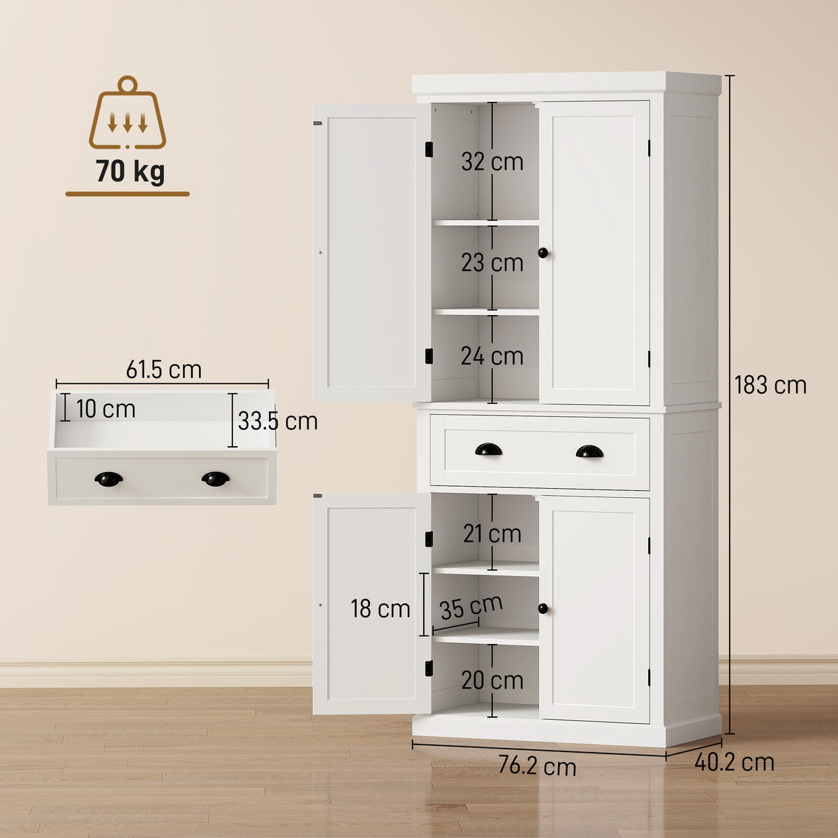 Tall Kitchen Cupboard, 183cm Freestanding Storage Cabinet with Drawer