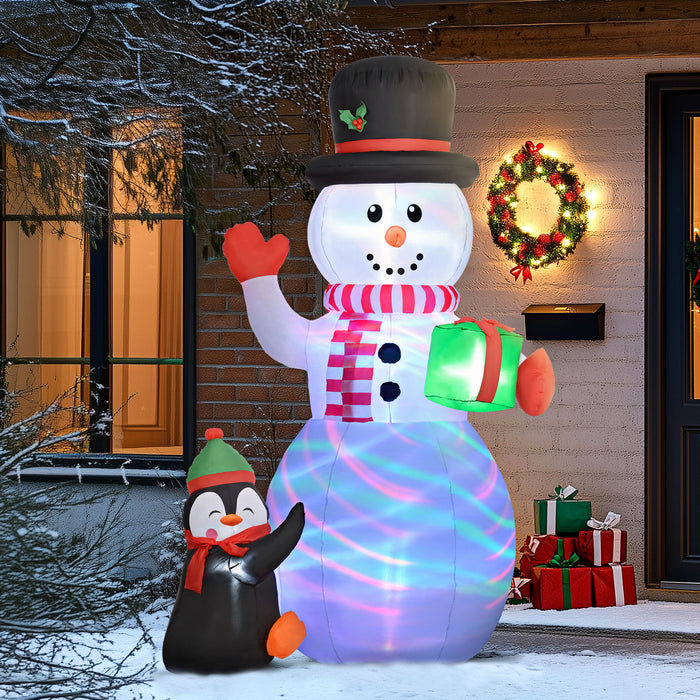 8FT Inflatable Snowman Holding Gift Box w/ Penguin and LED Lights