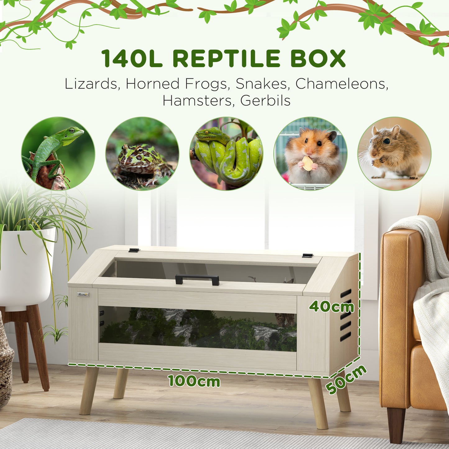Reptile Terrarium, 140L Snake Vivarium with Tempered Glass Windows