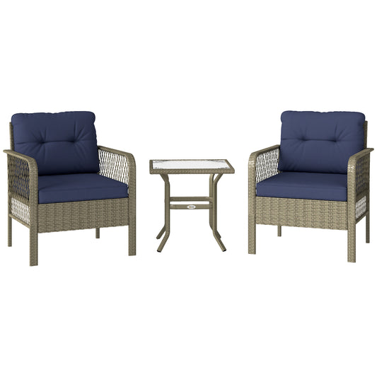 3 Pieces Rattan Bistro Set with Tempered Glass Table Charcoal Grey