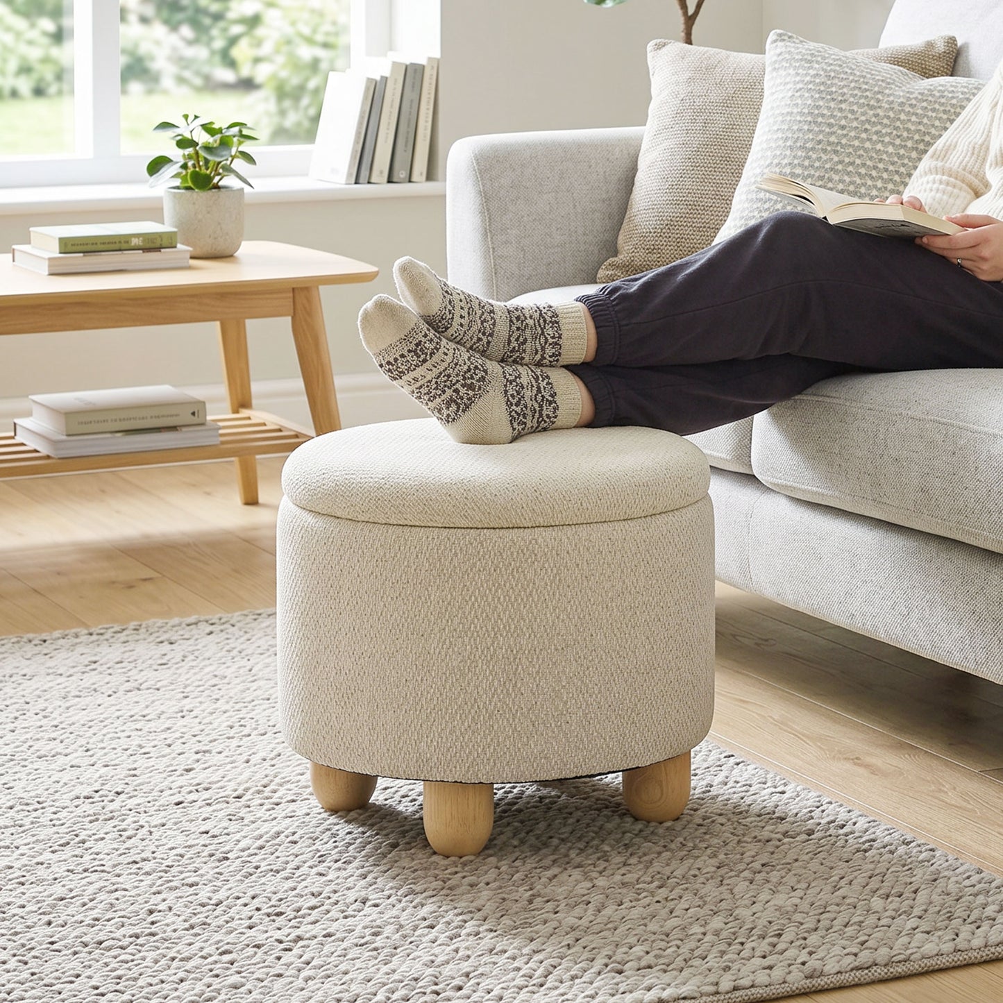 Round Storage Ottoman with Reversible Lid, Beige