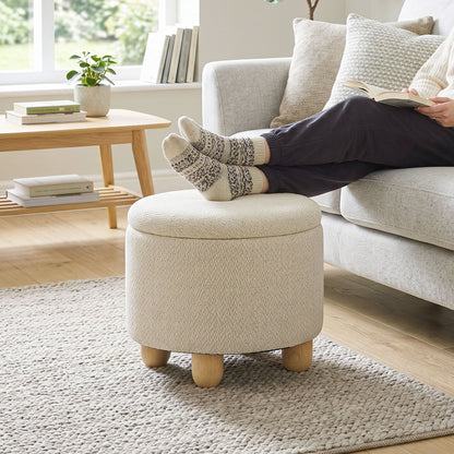 Round Storage Ottoman with Reversible Lid, Beige