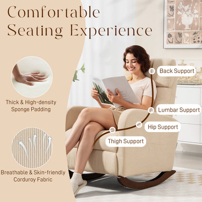 Modern High Back Corduroy Leisure Rocking Chair for Nursery, Beige