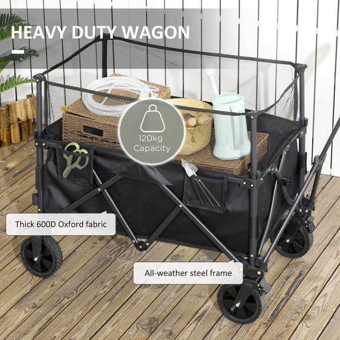 Folding Garden Trolley, 180L Wagon Cart with Extendable Side Walls, for Beach, Camping, Festival, Black