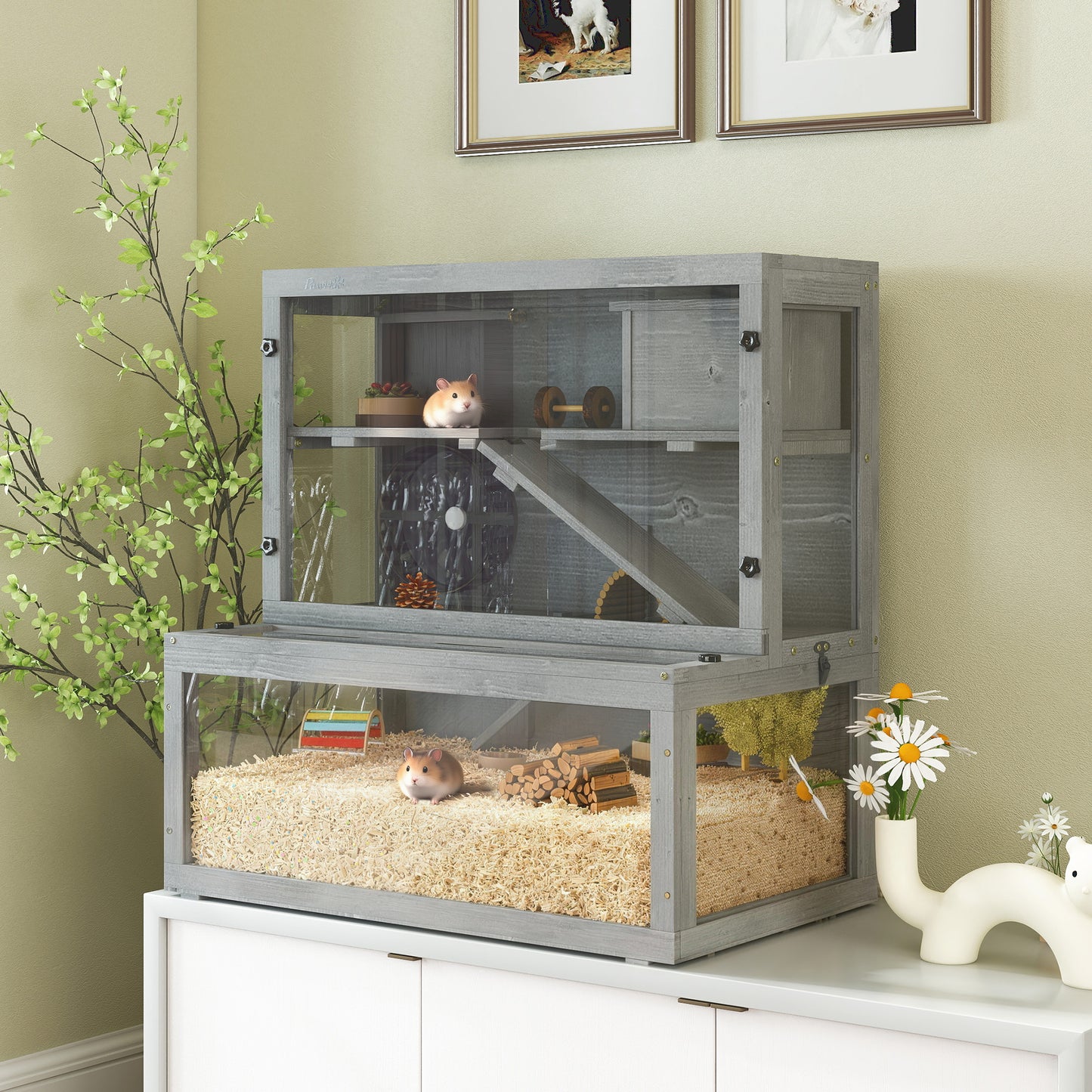 3 Tier Wooden Hamster Cage with Hut, Wheel, Ramps, 80 x 50 x 84 cm