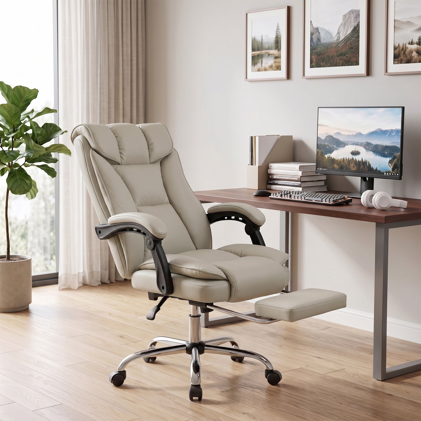Pet-Friendly Leather Recliner Computer Chair with Footrest, Khaki