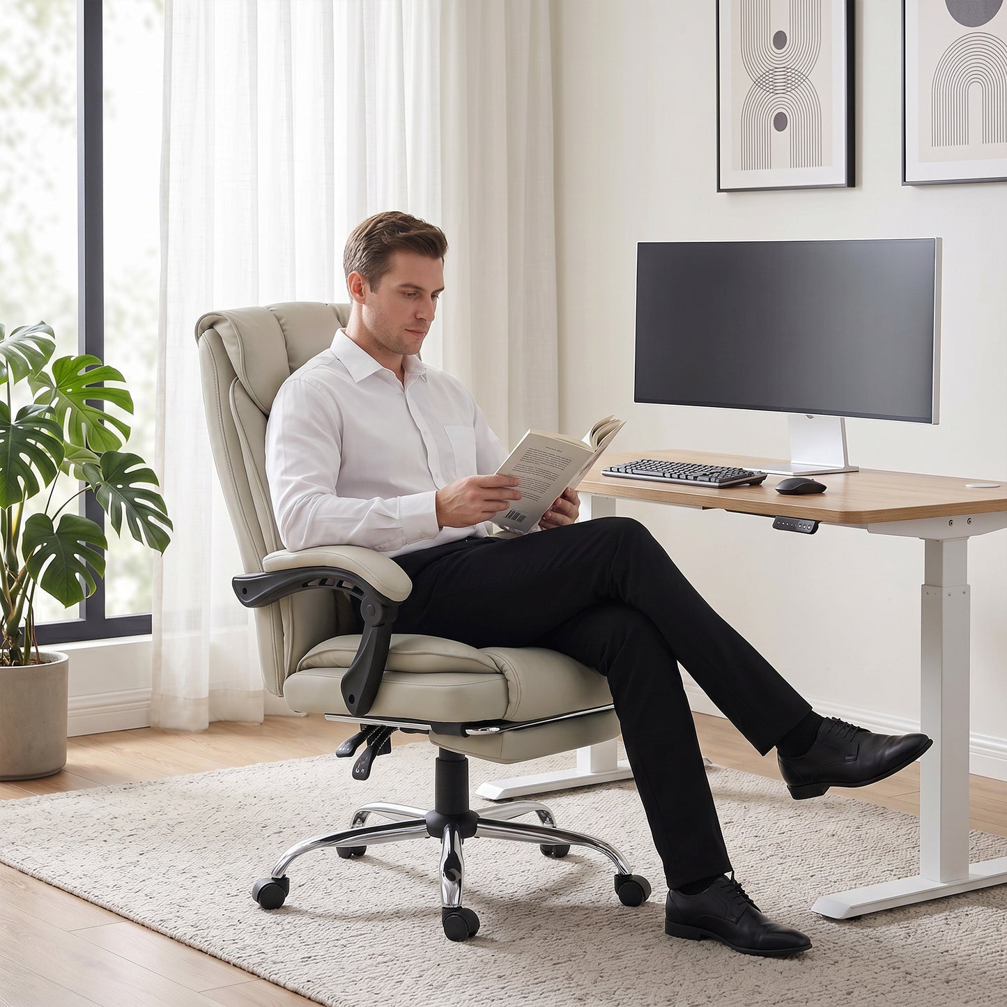 Pet-Friendly Leather Recliner Computer Chair with Footrest, Khaki