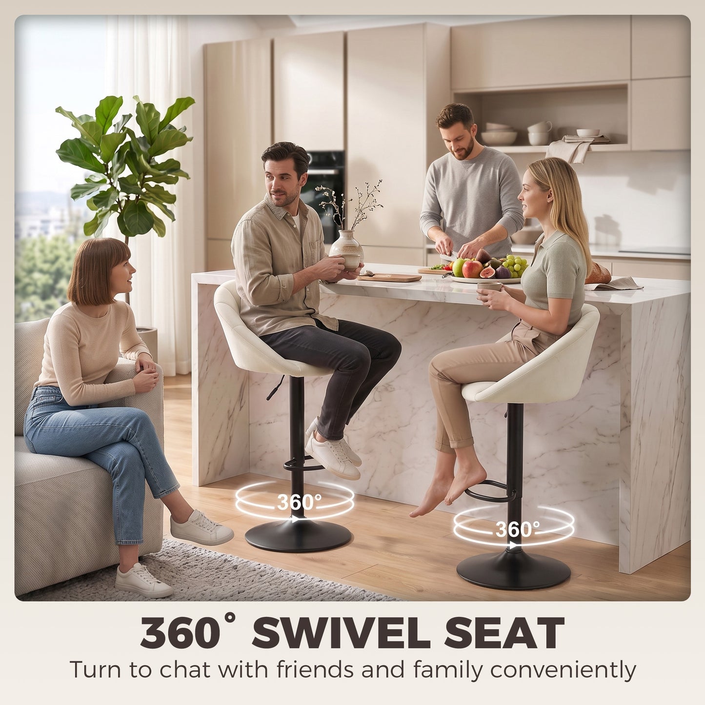 Bar Stools Set of 2 Velvet Adjustable Swivel Cream White