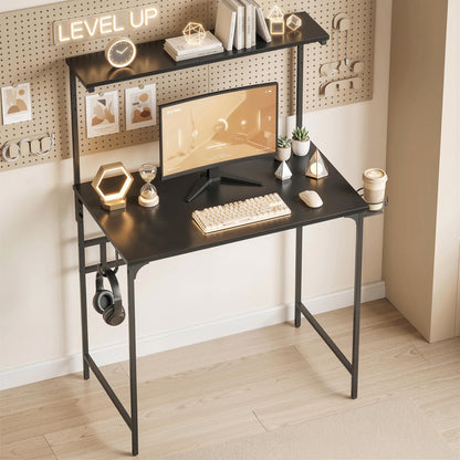 Computer Desk, 80cm Home Office Study Table with Hutch Shelf, Black