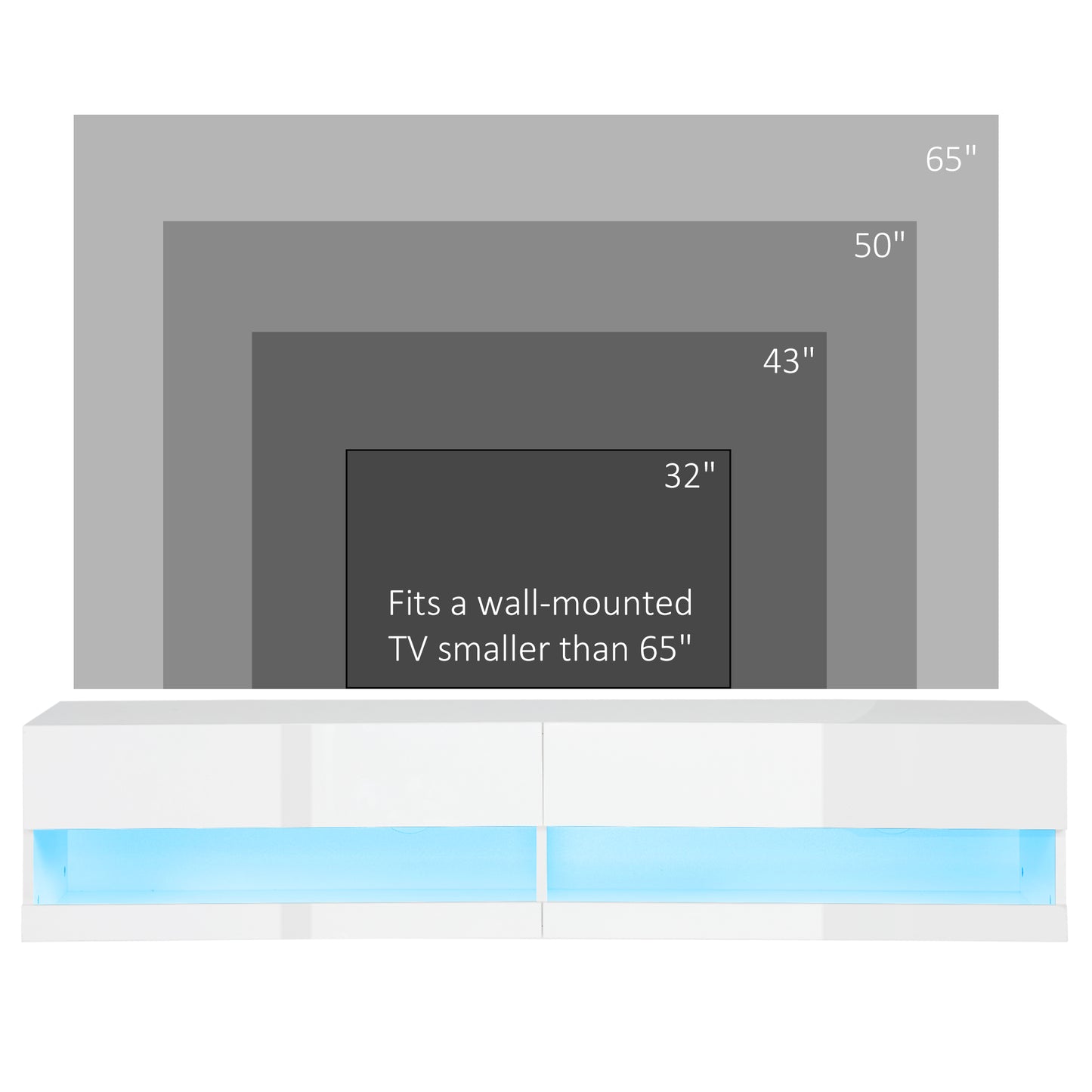 High Gloss TV Stand Unit Wall Mounted with LED Lights, White