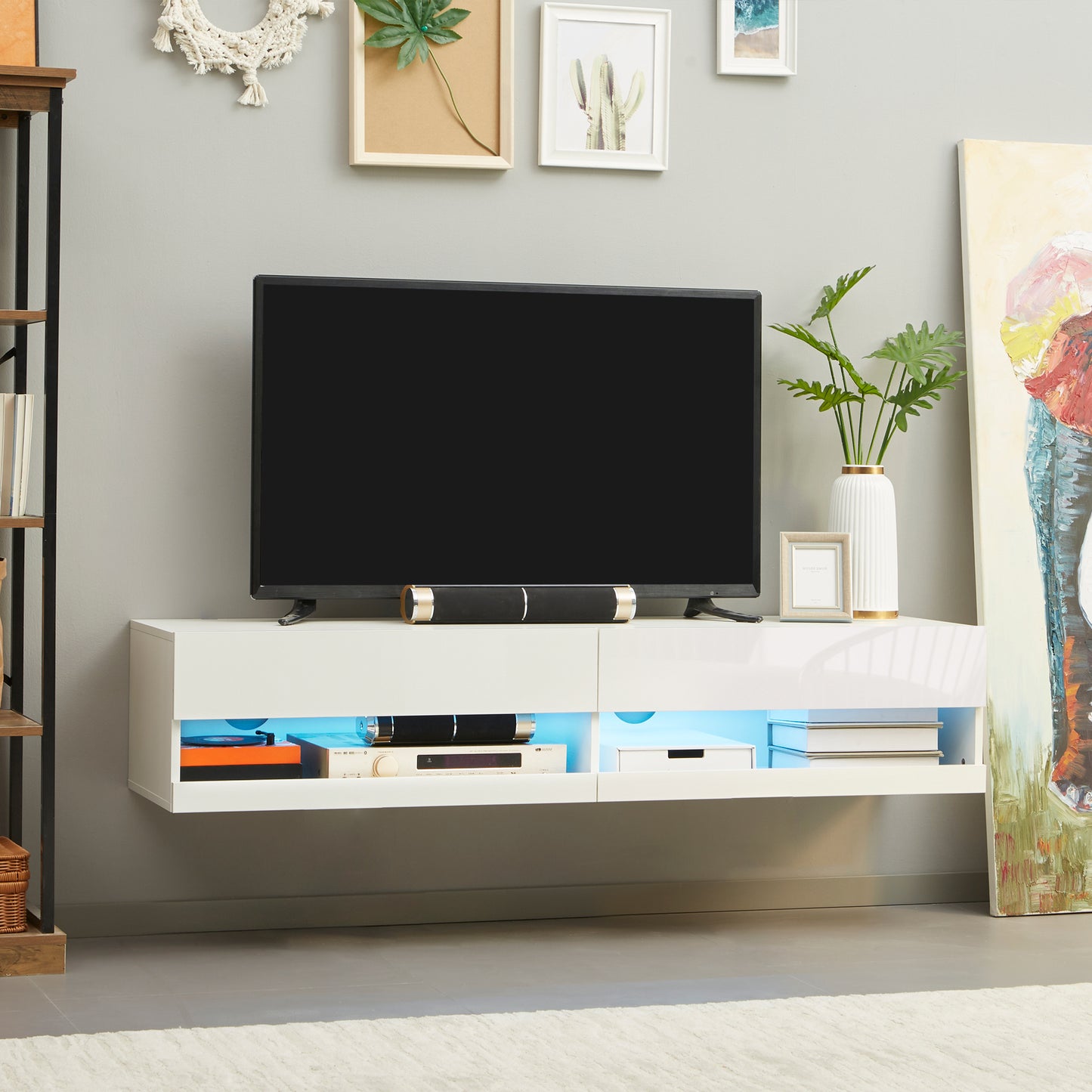 High Gloss TV Stand Unit Wall Mounted with LED Lights, White