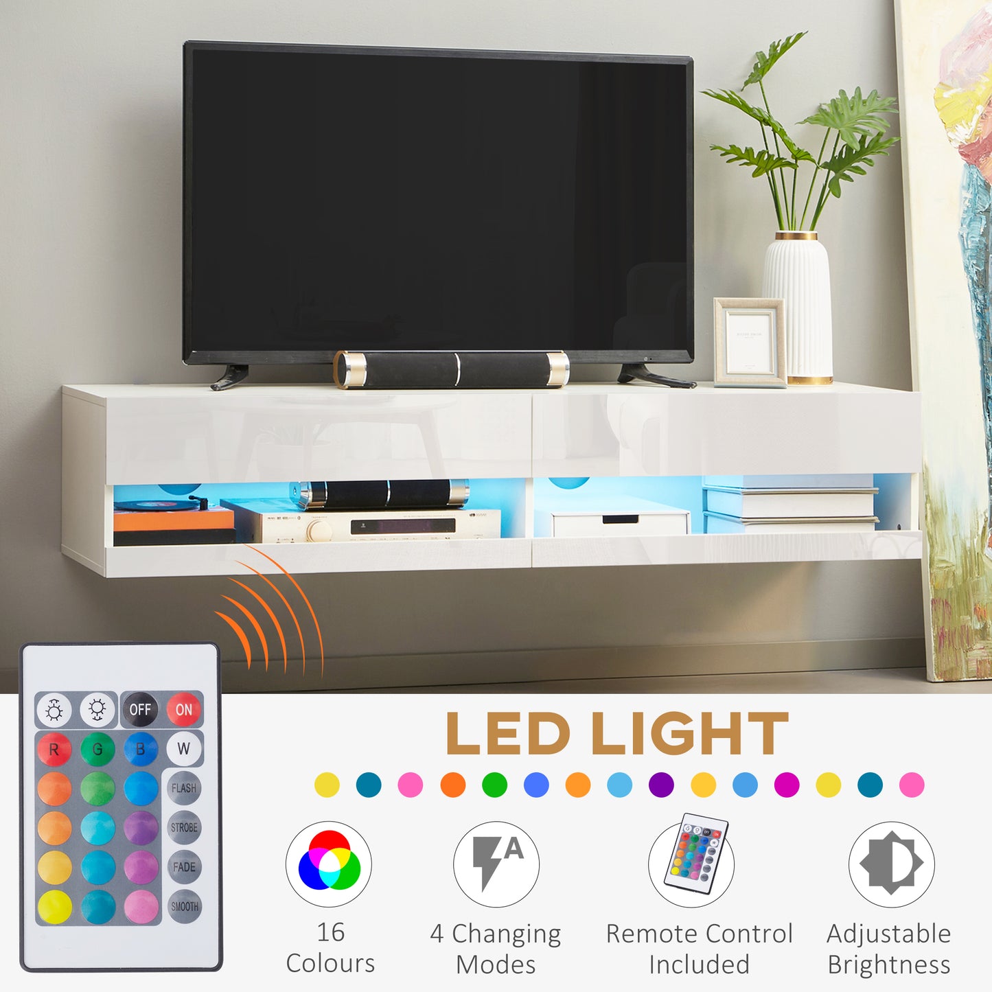 High Gloss TV Stand Unit Wall Mounted with LED Lights, White