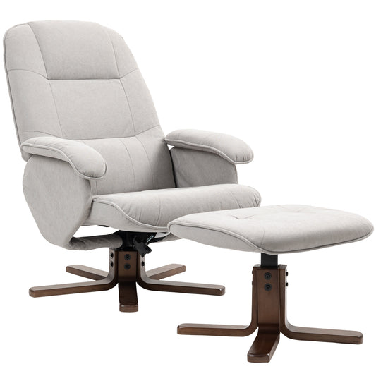 Swivel Recliner Chair with Footstool and Wooden Base, Light Grey