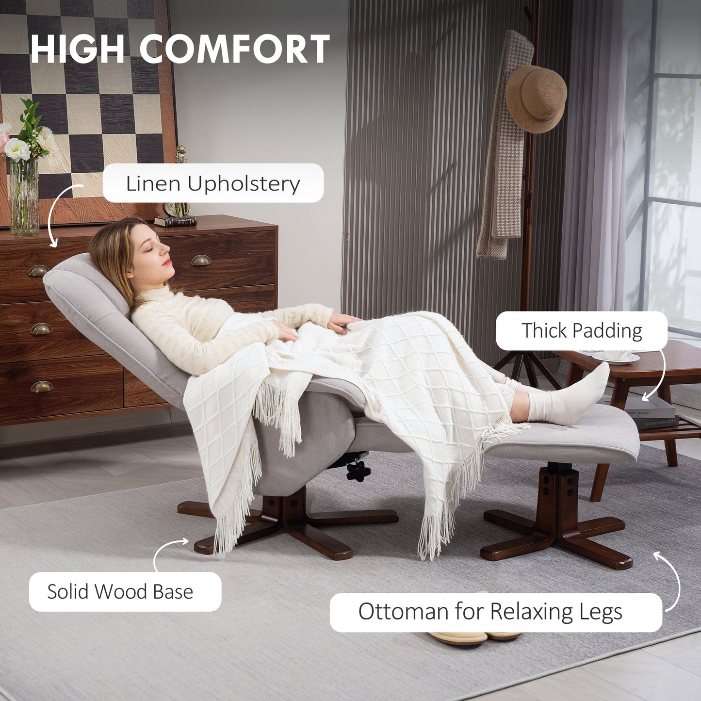 Swivel Recliner Chair with Footstool and Wooden Base, Light Grey