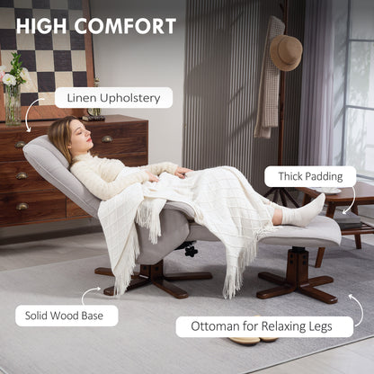 Swivel Recliner Chair with Footstool and Wooden Base, Light Grey