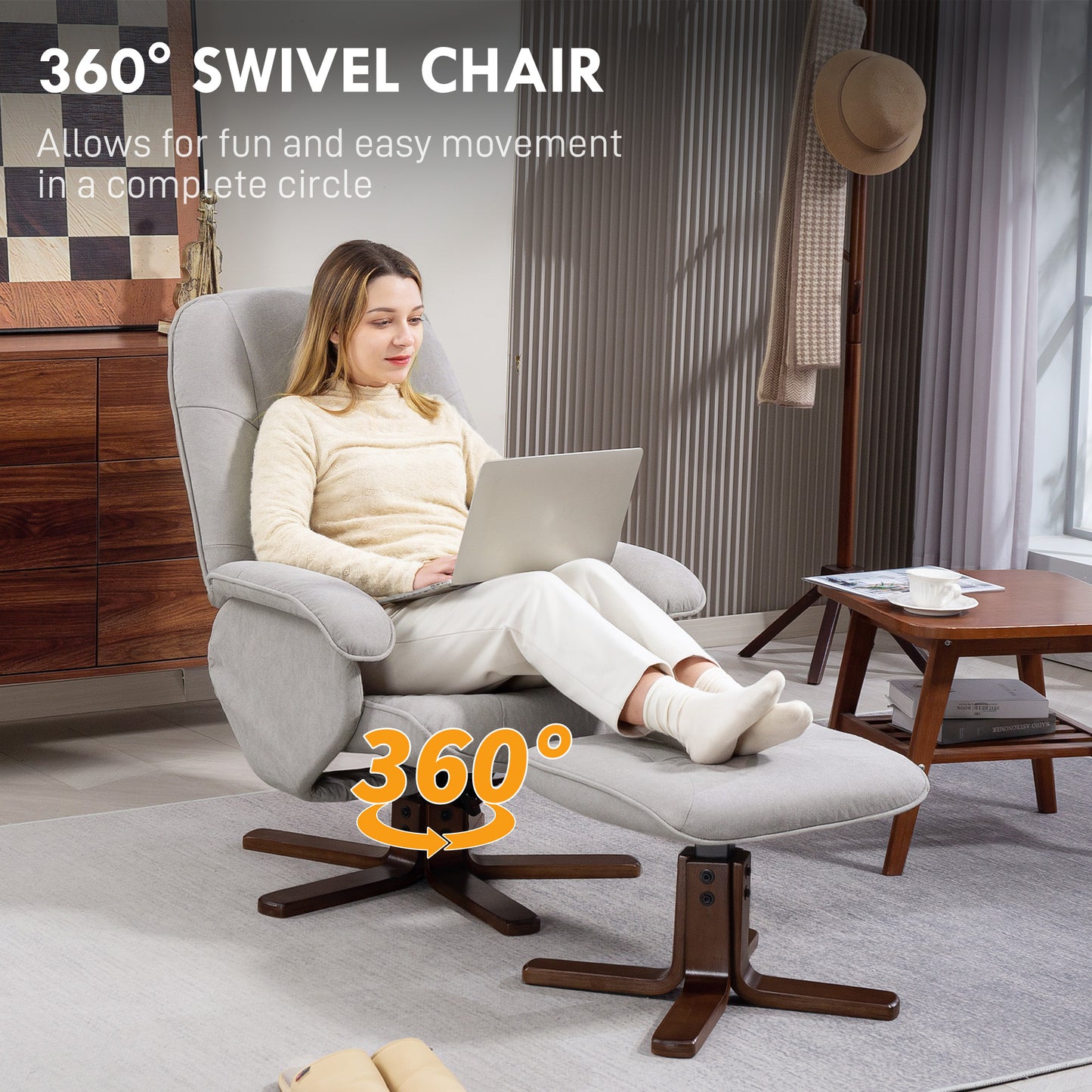 Swivel Recliner Chair with Footstool and Wooden Base, Light Grey
