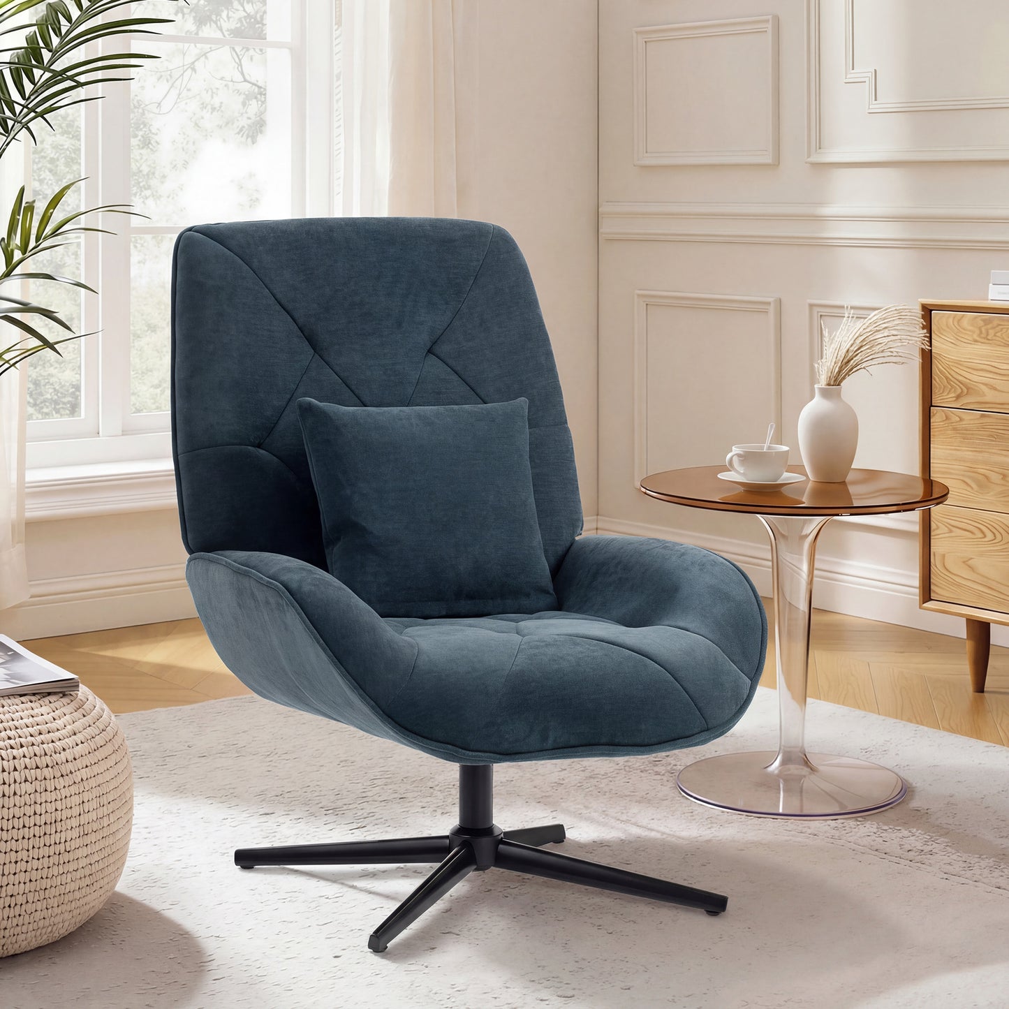 Swivel Accent Chair, Chenille Armchair with Lumbar Pillow, Dark Green