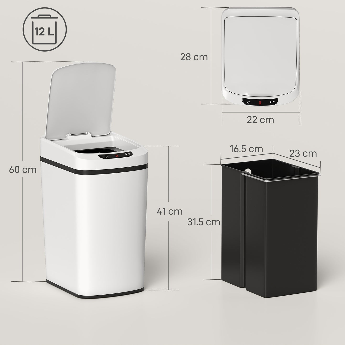 12L Sensor Bin, Automatic Touchless Motion Sensor Kitchen Bin, White
