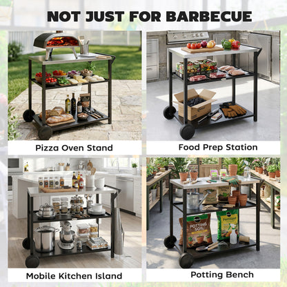 Outdoor Grill Cart, Food Prep Table on Wheels, Black