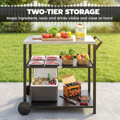 Outdoor Grill Cart, Food Prep Table on Wheels, Black