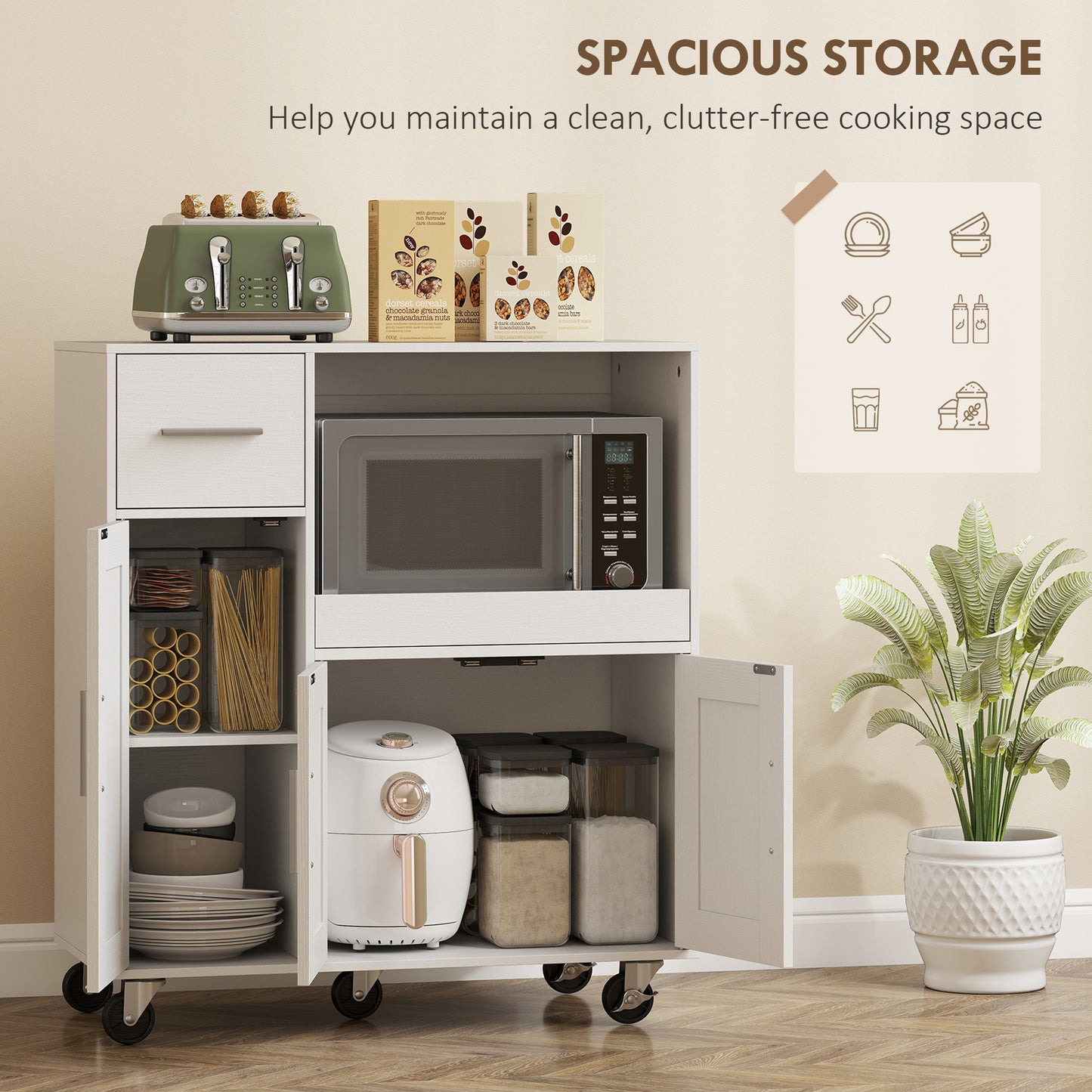 Rolling Kitchen Cart, Microwave Cabinet, Sliding Tray, Drawer, 3-Door Cupboards, Adjustable Shelf, Open Compartment, Kitchen Island, Dining Room, White