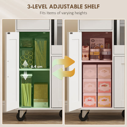 Rolling Kitchen Cart, Microwave Cabinet, Sliding Tray, Drawer, 3-Door Cupboards, Adjustable Shelf, Open Compartment, Kitchen Island, Dining Room, White