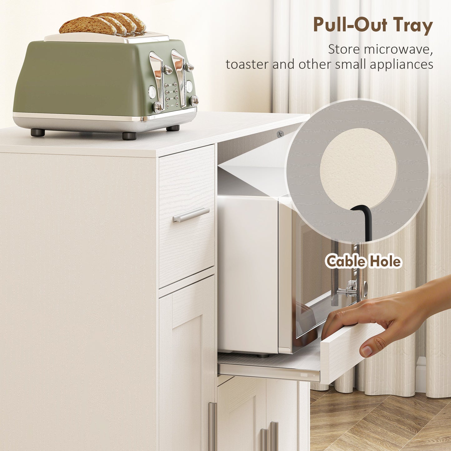 Rolling Kitchen Cart, Microwave Cabinet, Sliding Tray, Drawer, 3-Door Cupboards, Adjustable Shelf, Open Compartment, Kitchen Island, Dining Room, White