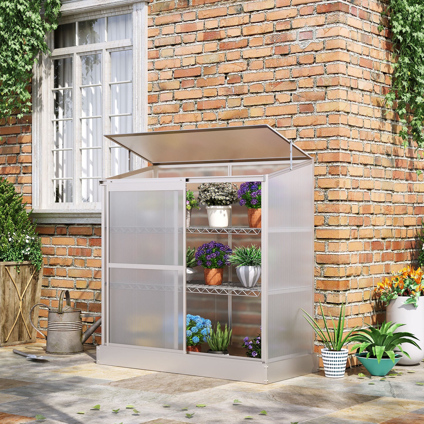 Outsunny 3 Tier Greenhouse Garden Outdoor Cold Frame Plant Flower Growth Transparent Polycarbonate Board Openable Roof Sliding Door w / Foundation 131L x 58W x 140H cm