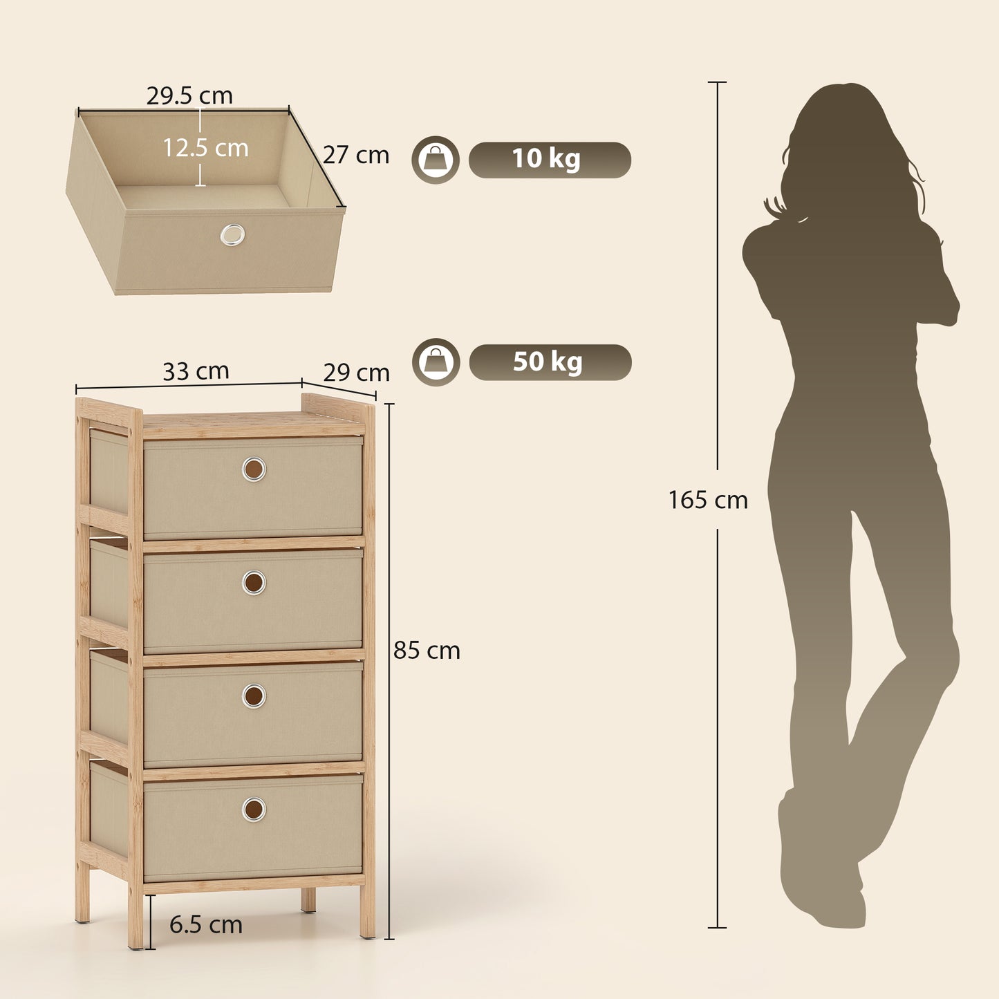 Chest of Drawers, 4 Drawers Dresser with Bamboo Frame, Cream White