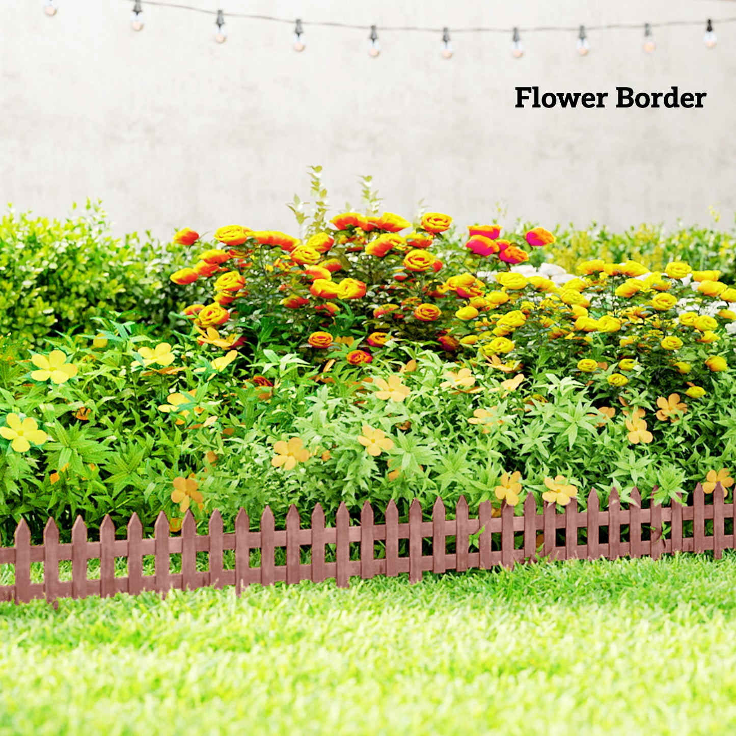 Pack of 12 Wooden Border Fences, Garden Fixed Picket Fence for Lawn Edging, Flowerbed, 60L x 1D x 34H cm, Rustic Brown