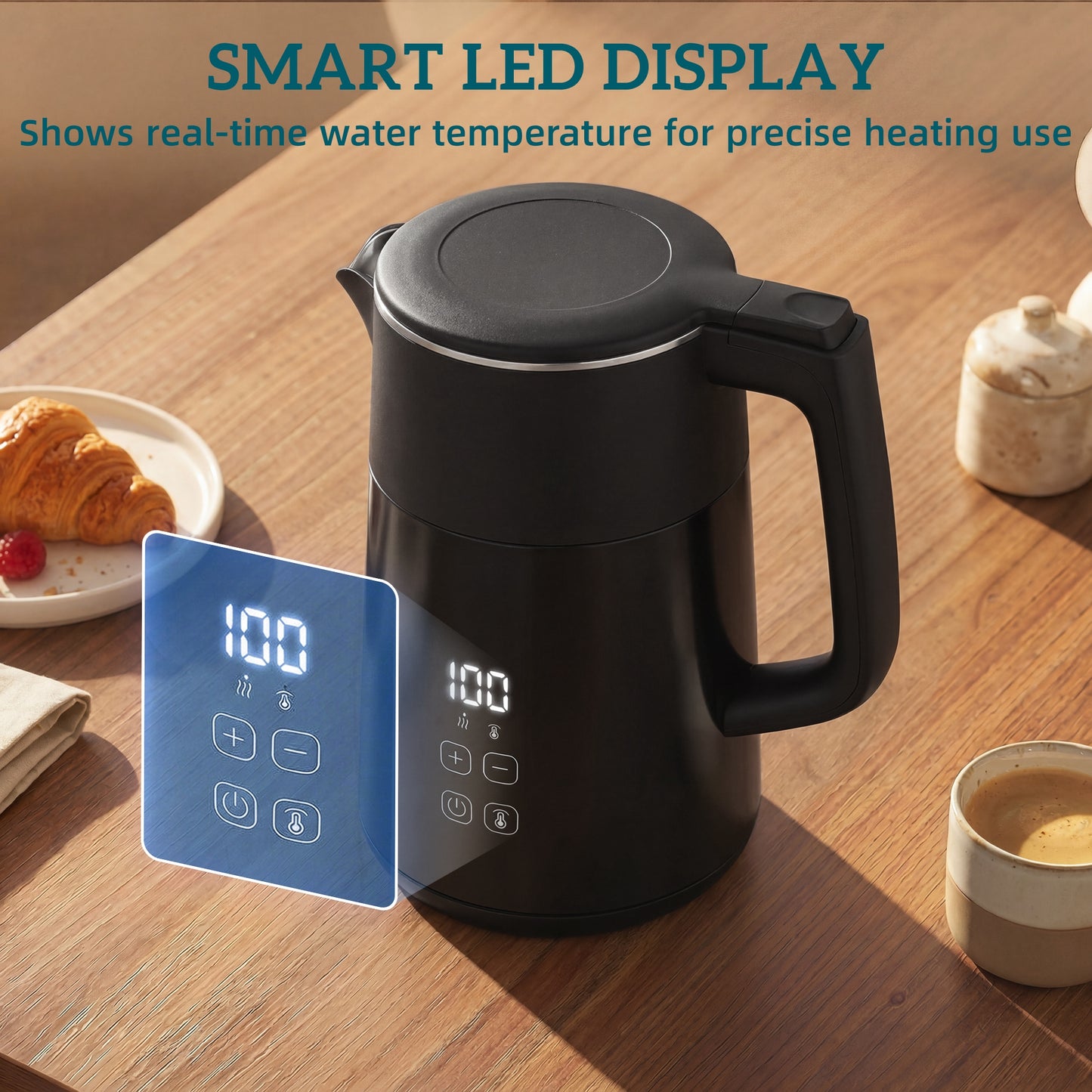 Electric Kettle, 1.7L Fast Boil 3kW Water Kettle with UK Strix Thermostat, LED Display, Keep Warm Function, Auto Shut-off and Boil-Dry Protection, Black