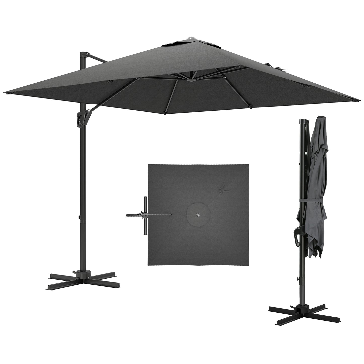 Square Cantilever Roma Parasol 360 Degree Rotation Crank, Dark Grey