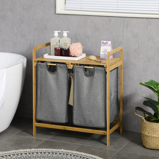 Bamboo Laundry Basket, Laundry Hamper with Shelf, Pull-out Bags for Bedroom, Bathroom, Laundry Room, 64 x 33 x 73 cm, Grey