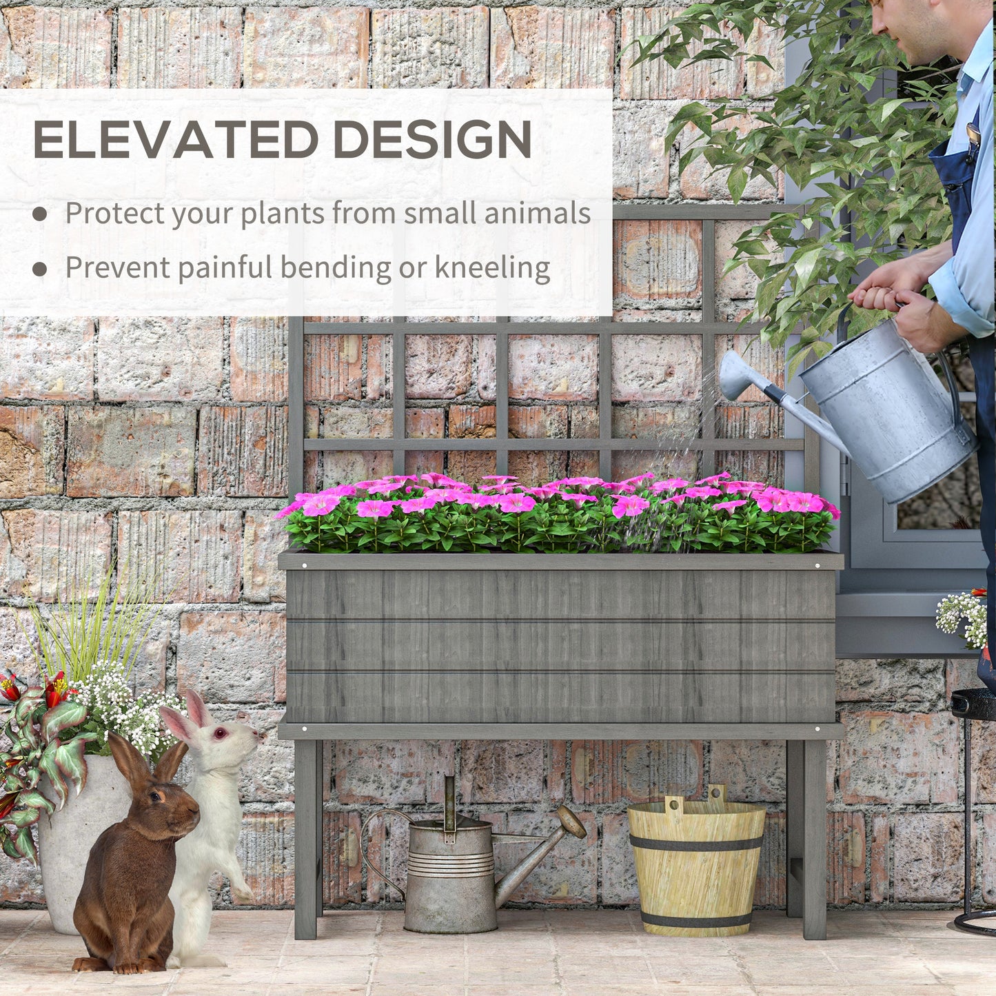 Wooden Raised Planter with Trellis for Vine Climbing Plants, Elevated Garden Bed with Drainage Holes and Bed Liner