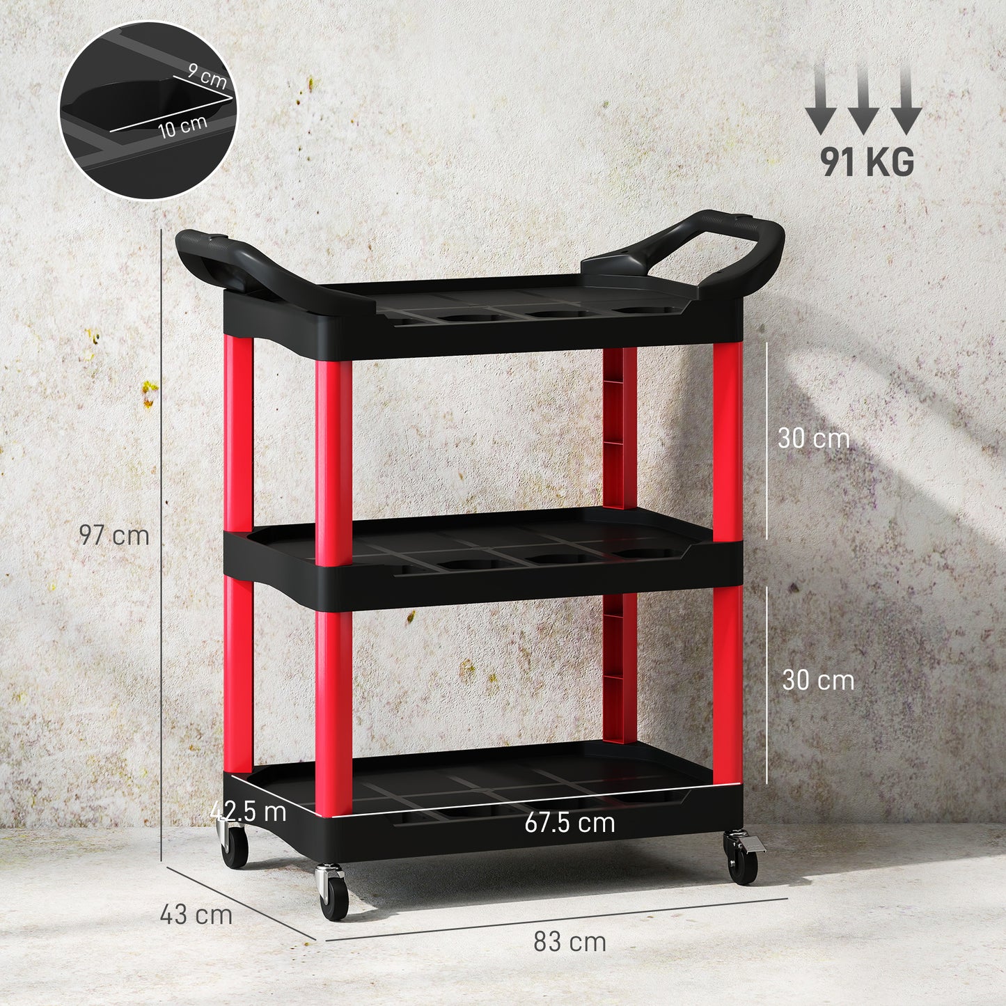 3-Tier Rolling Tool Cart, Tool Trolley on Wheels, Plastic Mobile Service Utility Cart with Handles for Garage, Mechanics and Warehouse, 91kg Capacity, Black and Red