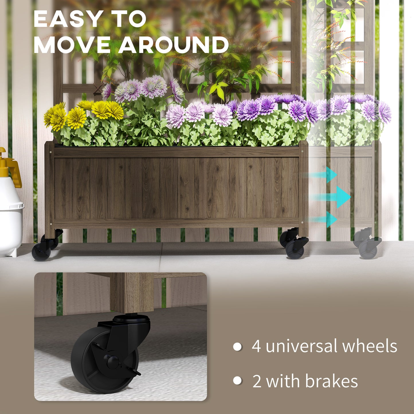 Wooden Trellis Planter, Raised Garden Bed with Wheels, Brown