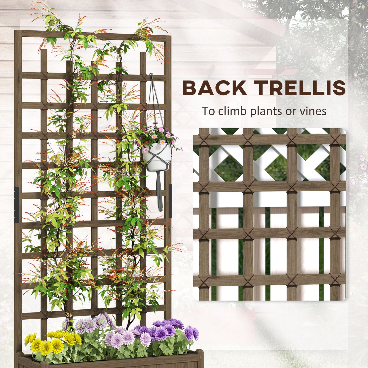Wooden Trellis Planter, Raised Garden Bed with Wheels, Brown