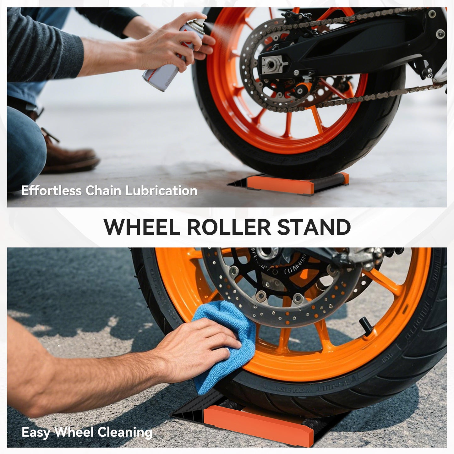 Motorcycle Wheel Roller Stand for Tyre Cleaning and Chain Lubrication