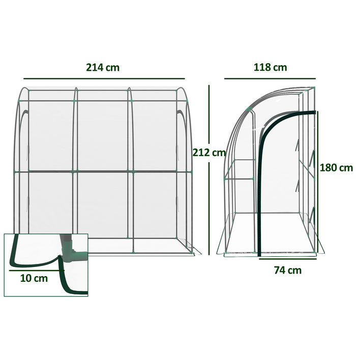 214x118x212cm Walk-In Lean to Wall Tunnel Plastic Greenhouse with Doors