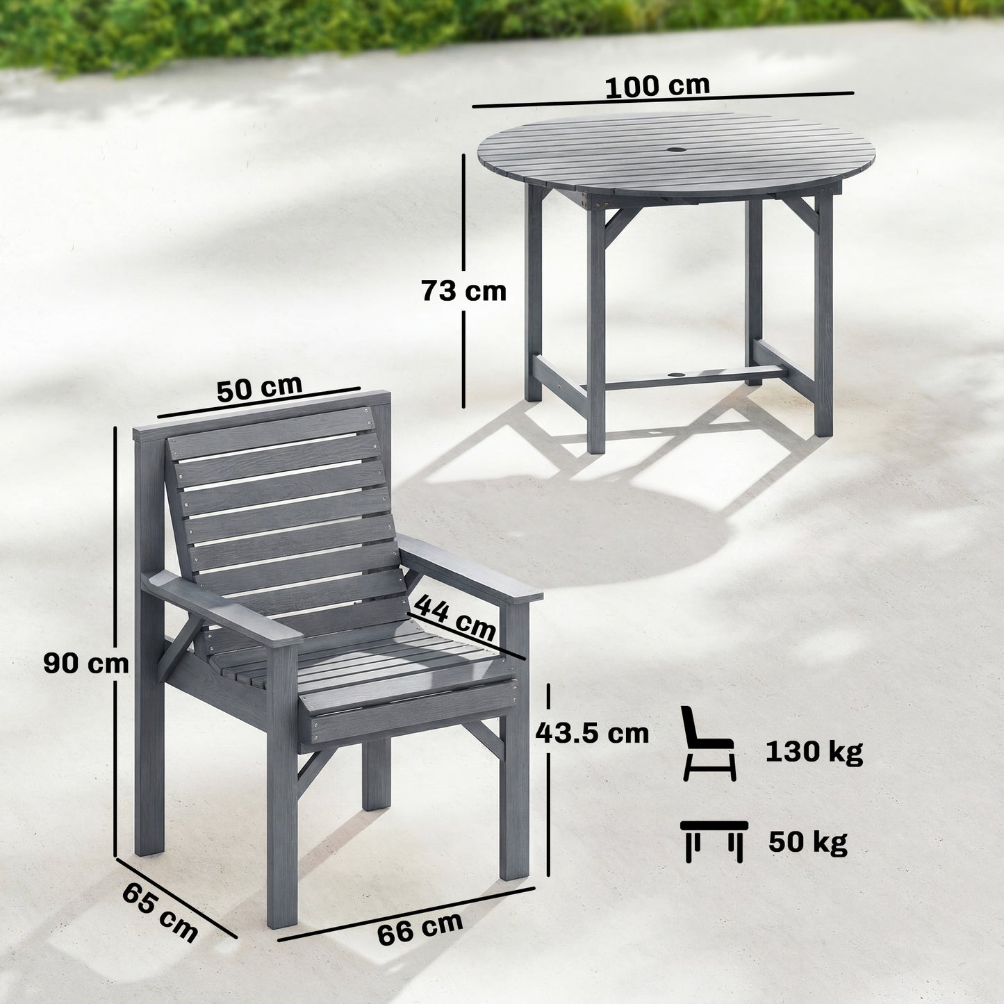 Garden Dining Set, Round Table and Chairs w/ Parasol Hole, Grey