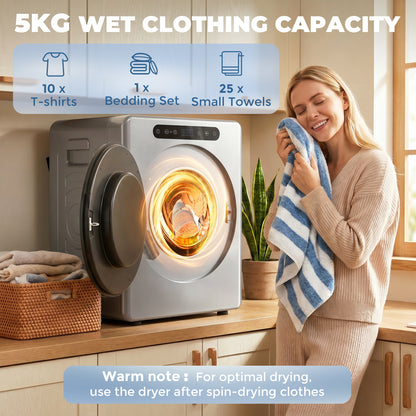 5kg Vented Tumble Dryer, 1000W Compact Freestanding Tumble Dryer with Stainless Steel Anti-Crease Reverse Tumble, Extra Dry & ECO Modes, Multiple Timer & Heat Settings, Silver Tone