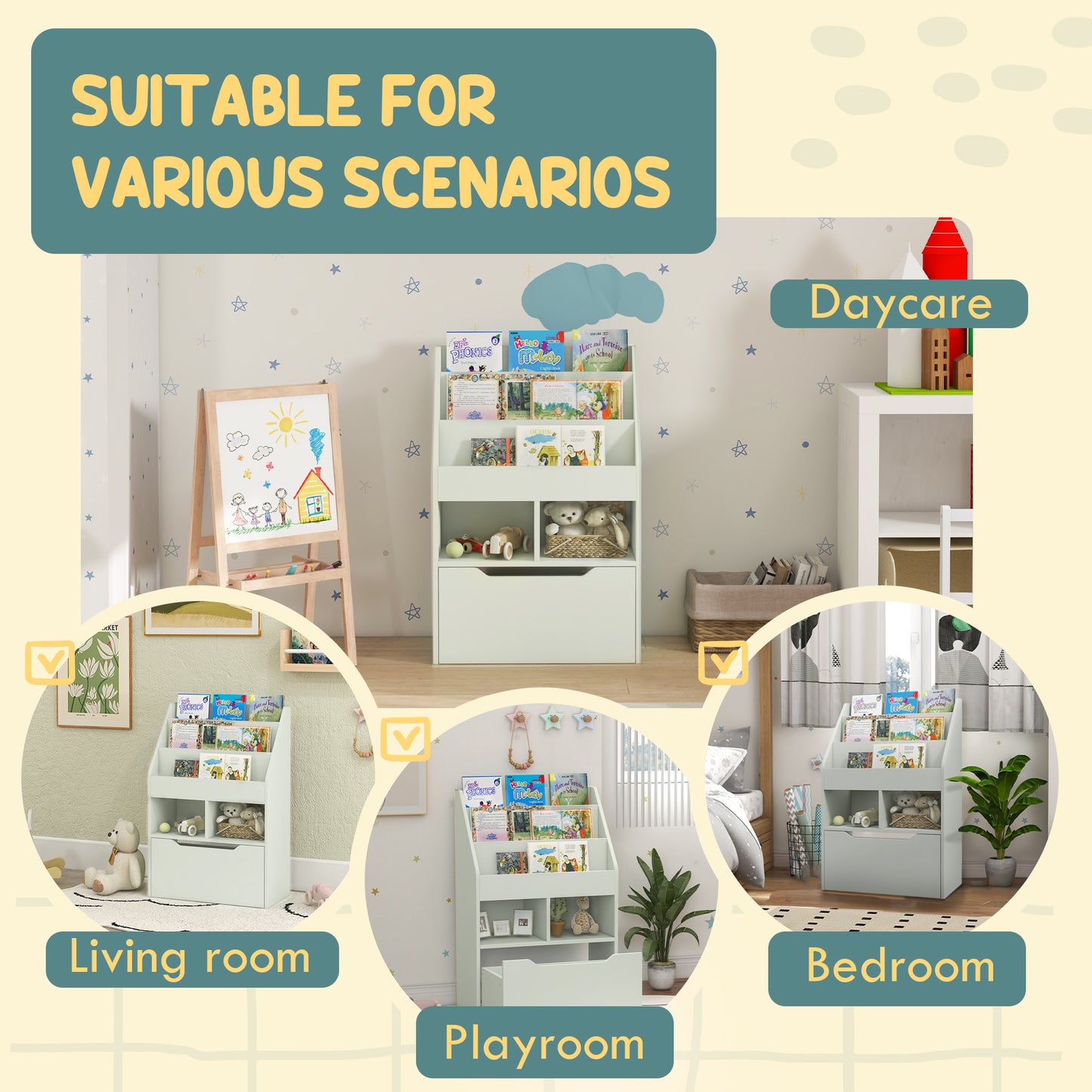 Kids Bookshelf, Toy Organiser, with Storage Drawer, Wheels - Green