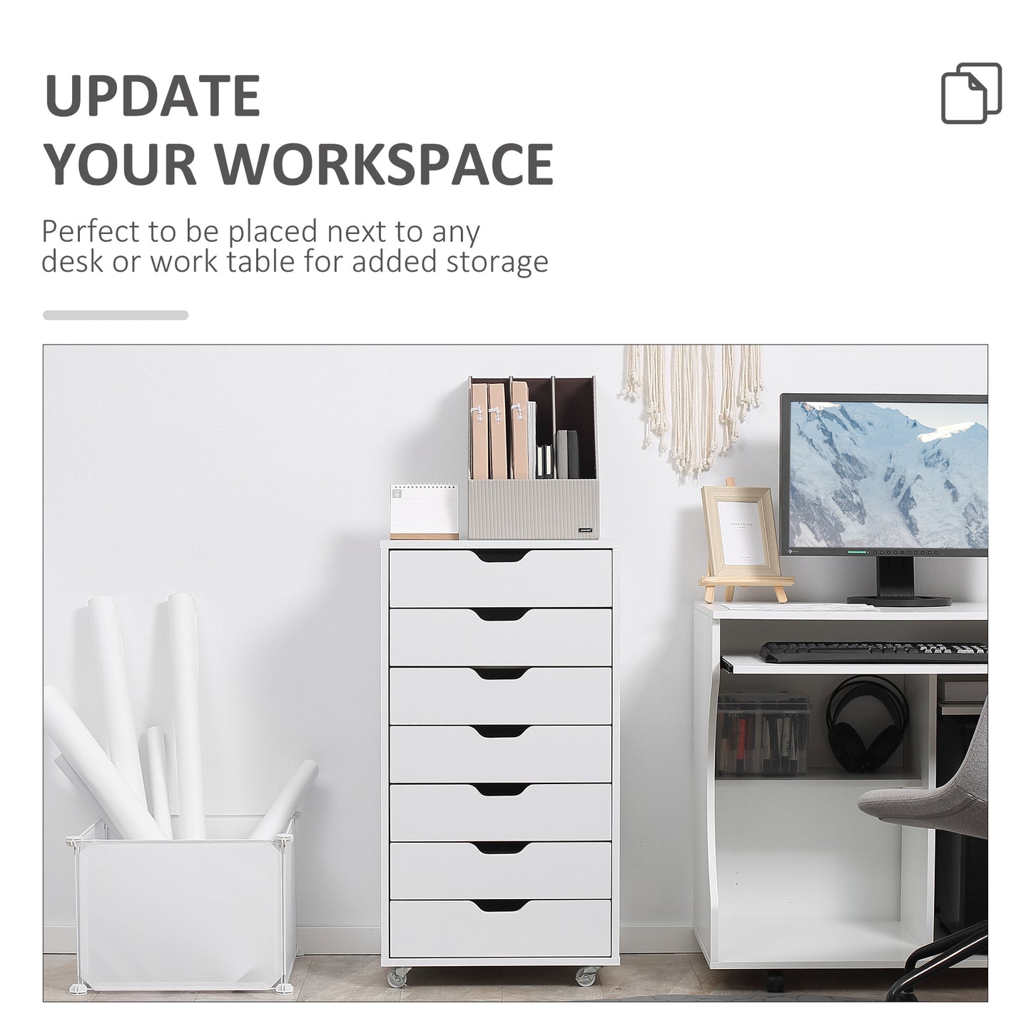 Mobile Filing Cabinet, 7-drawer File Cabinet with Wheels, White